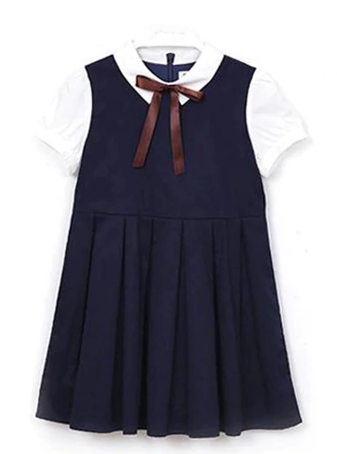 Girls Preppy Bow Tie Collar Pleated A-Line School Girl Uniform Dress - Blue / 3T - Girls Fall Casual Dress