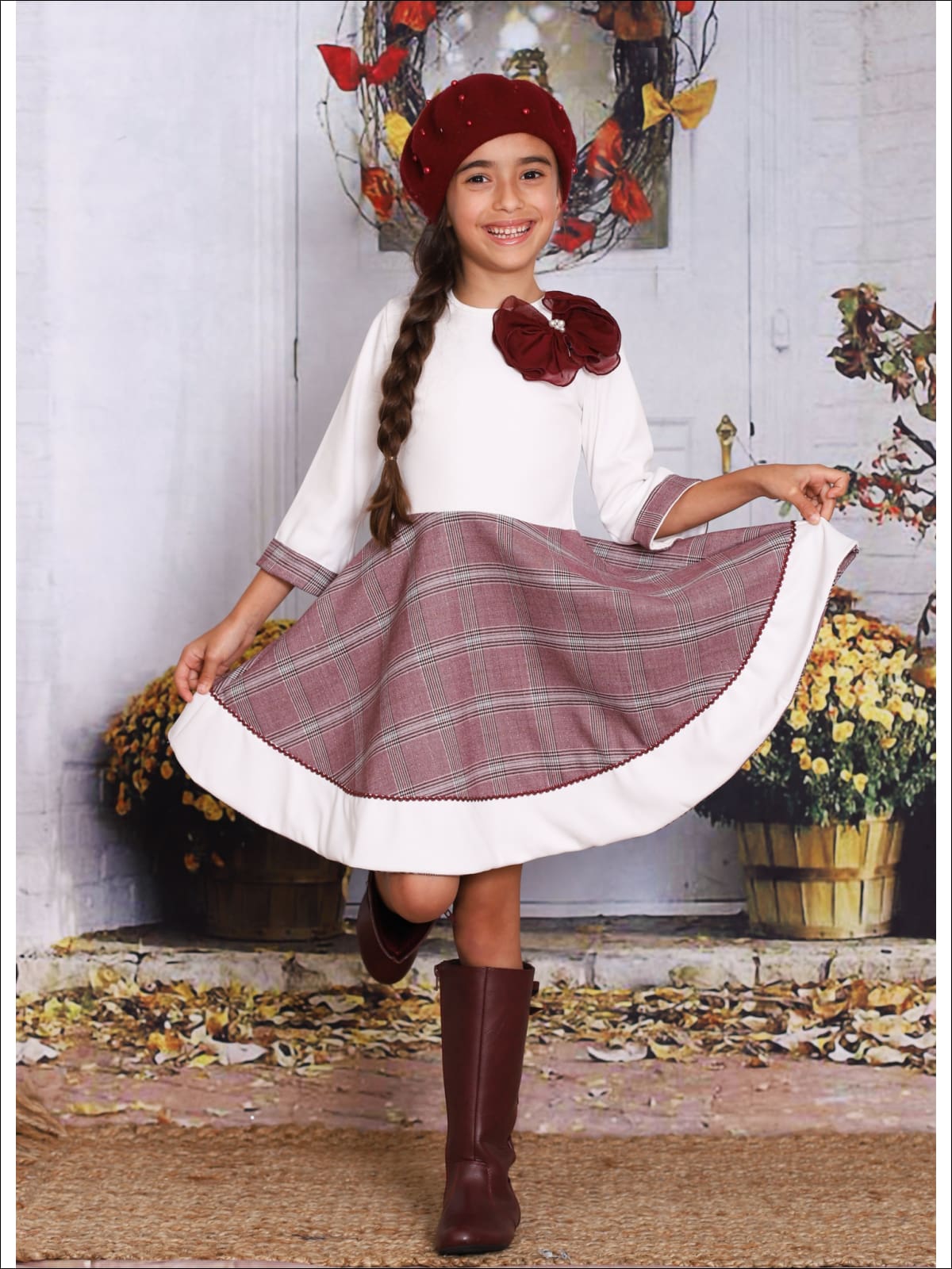 Girls Preppy Burgundy & Creme Circular Skirt 3/4 Sleeve Dress - Girls Fall Dressy Dress