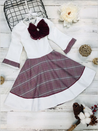 Girls Preppy Burgundy & Creme Circular Skirt 3/4 Sleeve Dress - Girls Fall Dressy Dress