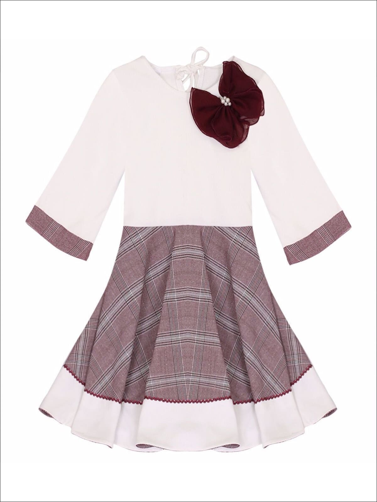 Girls Preppy Burgundy & Creme Circular Skirt 3/4 Sleeve Dress - 2T/3T / Burgundy & Creme - Girls Fall Dressy Dress