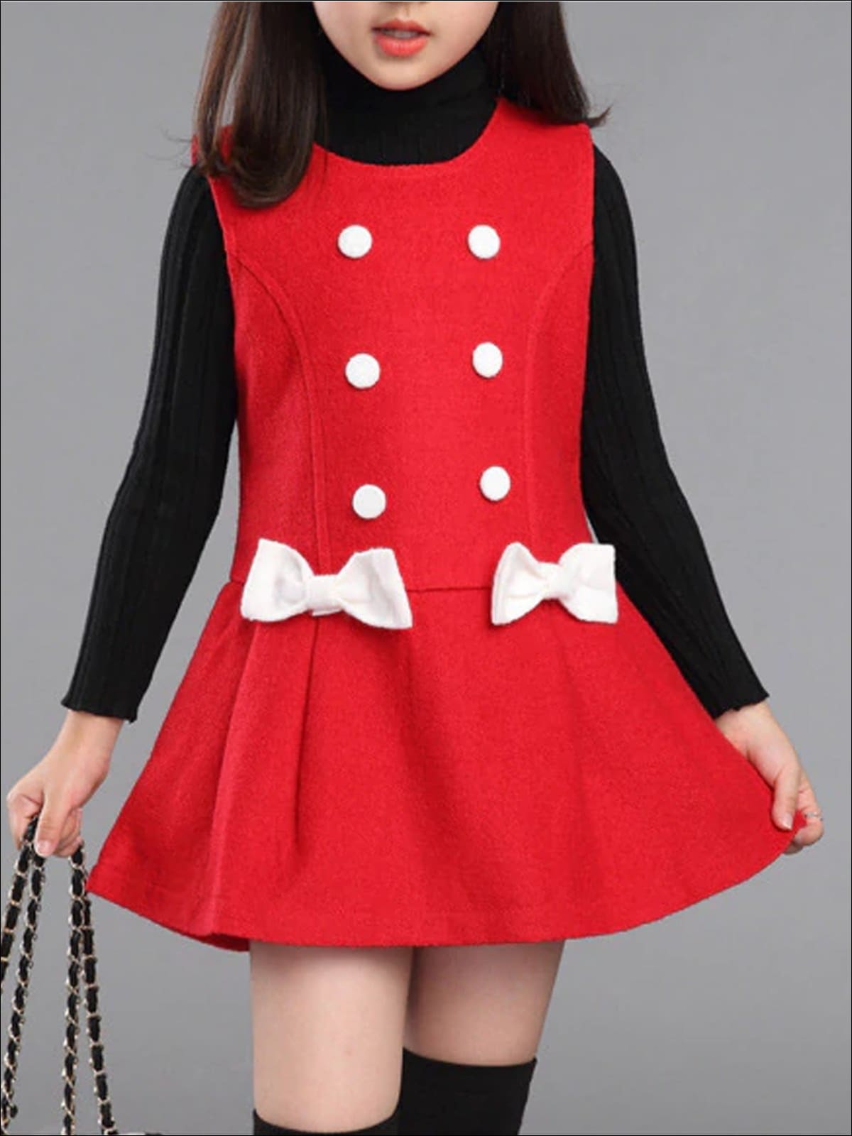 Girls Preppy Fall Button Up Bow Tie Wool Dress - Red / 5/6 - Girls Fall Casual Dress