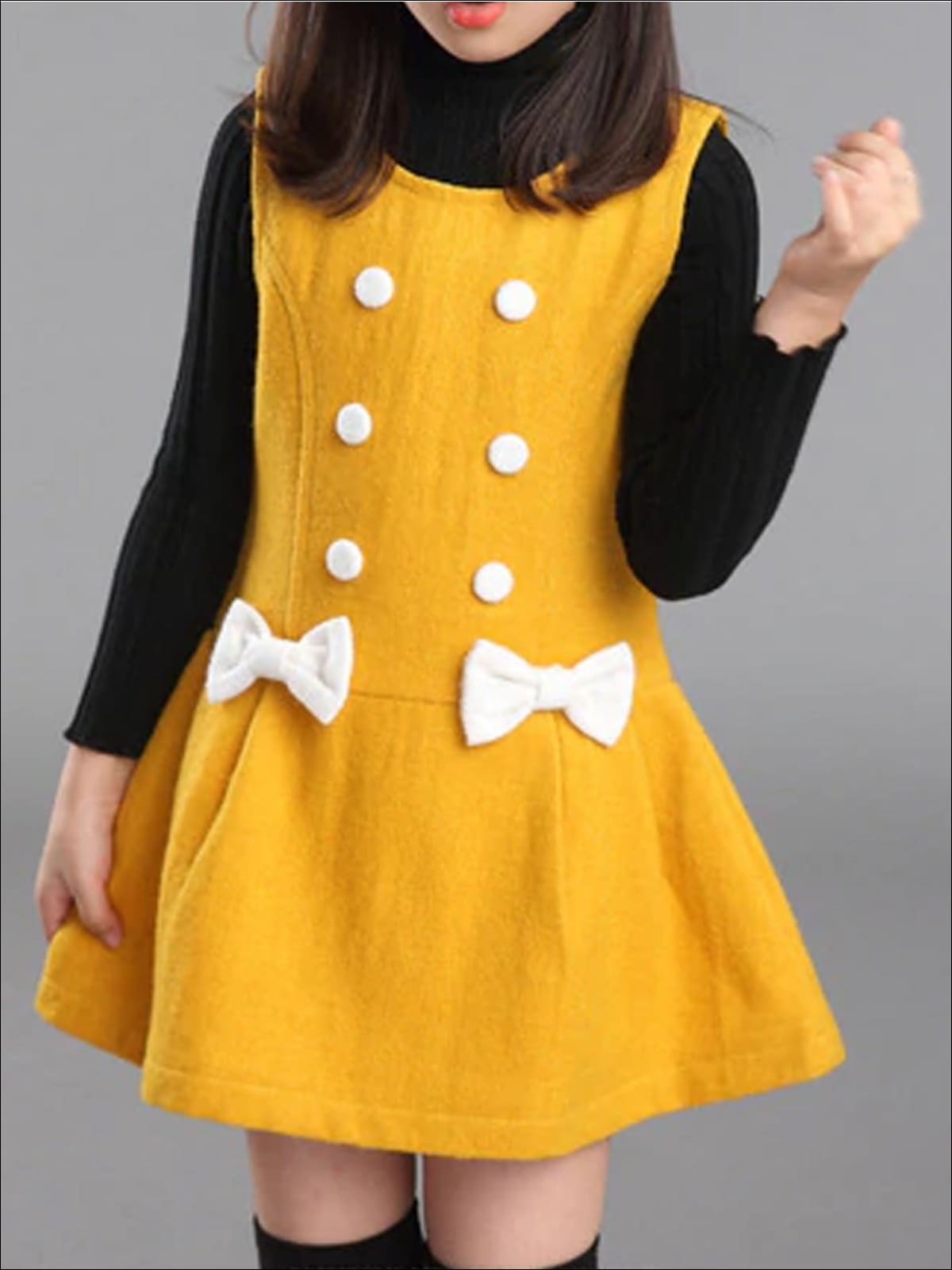 Girls Preppy Fall Button Up Bow Tie Wool Dress - Yellow / 5/6 - Girls Fall Casual Dress