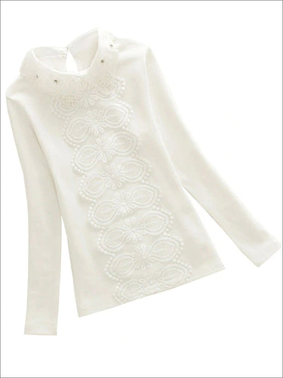 Girls Preppy Floral Lace Applique Long Sleeve Top - Girls Fall Top