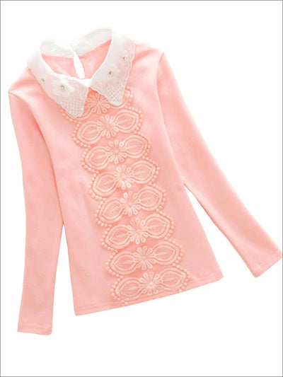 Girls Preppy Floral Lace Applique Long Sleeve Top - Girls Fall Top
