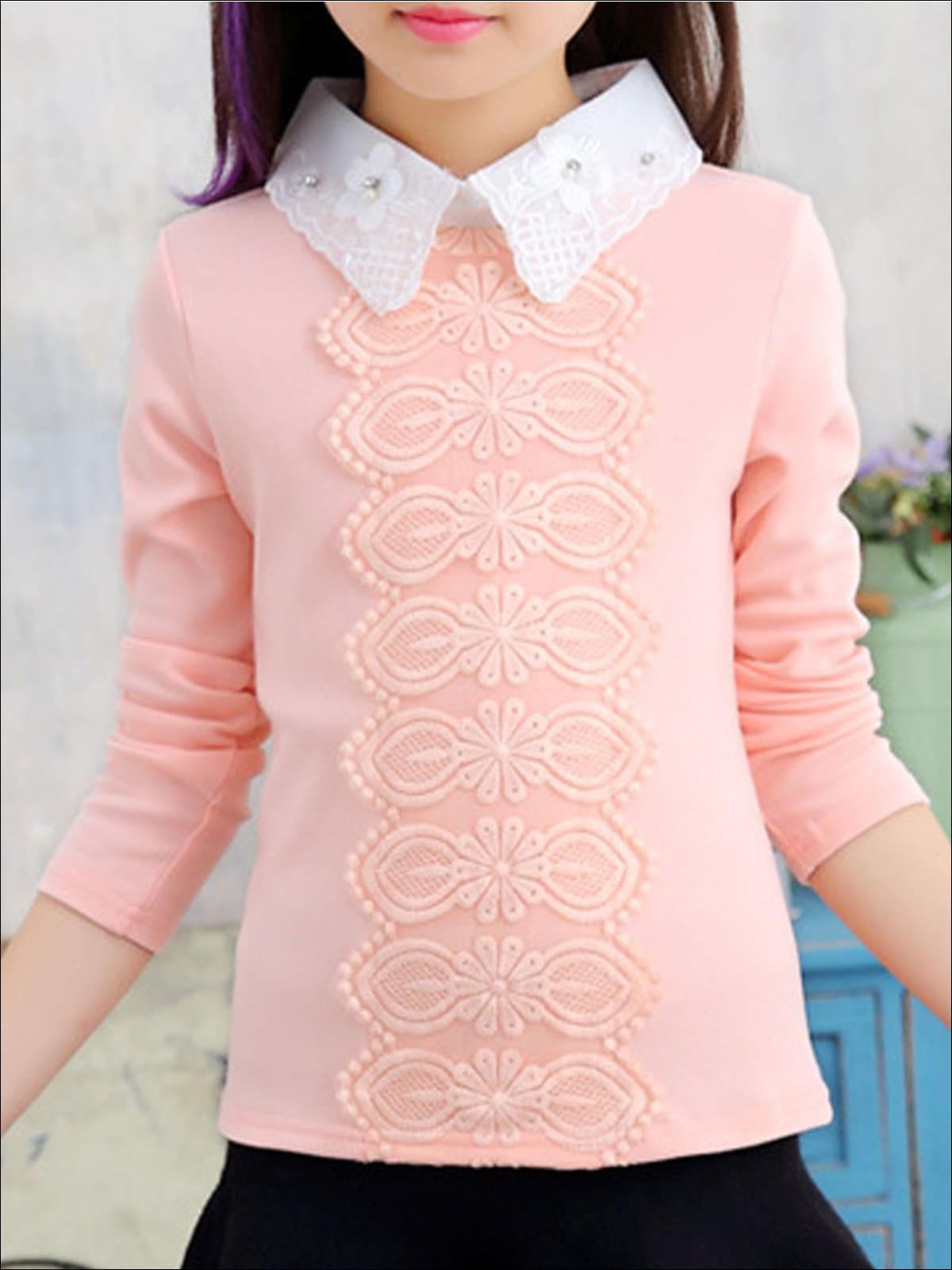 Girls Preppy Floral Lace Applique Long Sleeve Top - Pink / 3T - Girls Fall Top