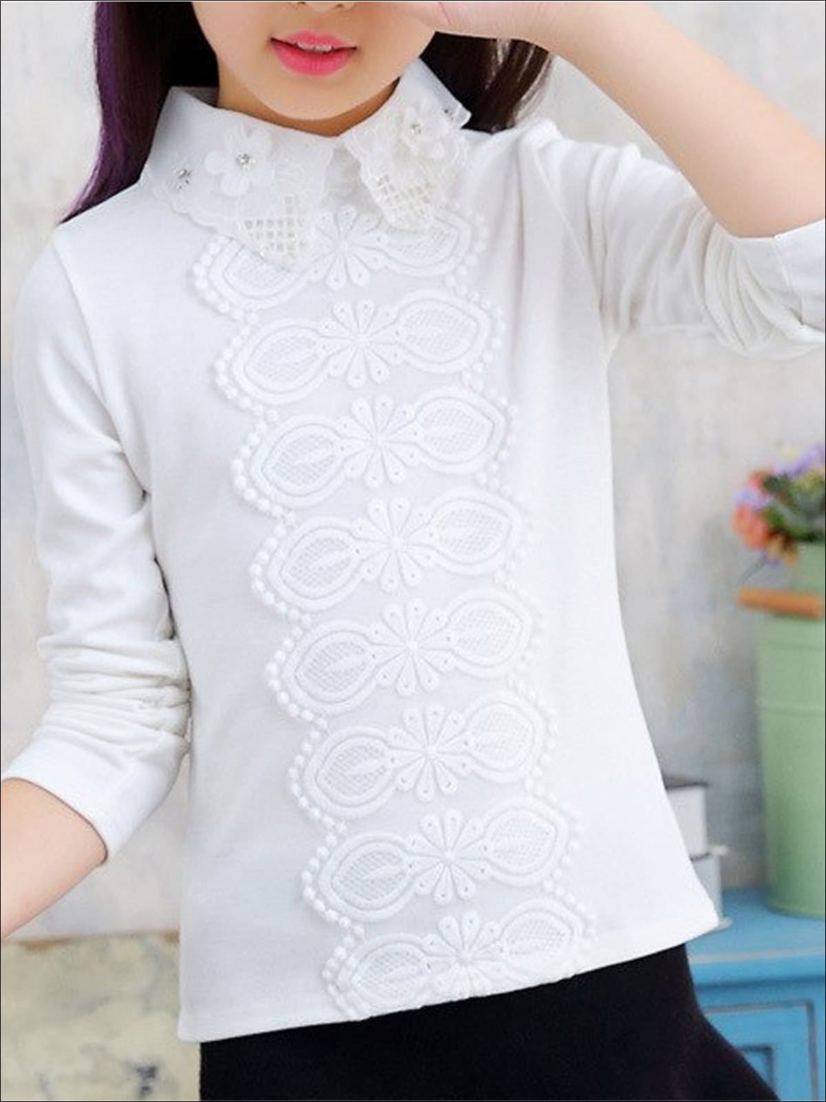 Girls Preppy Floral Lace Applique Long Sleeve Top - White / 3T - Girls Fall Top