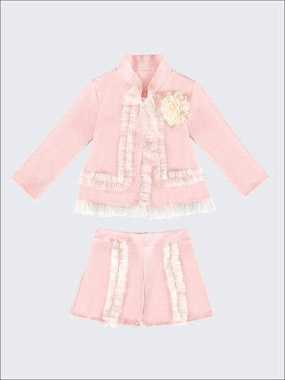 Girls Preppy Flower Trim Ruffled Jacket & Shorts Set - Blush / 2T/3T - Girls Spring Dressy Set