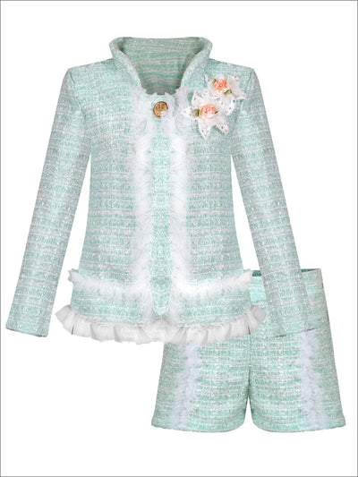 Girls Preppy Flower Trim Ruffled Jacket & Shorts Set - Mint / 2T/3T - Girls Spring Dressy Set