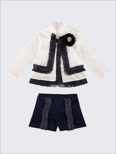 Girls Preppy Flower Trim Ruffled Jacket & Shorts Set - Navy / 2T/3T - Girls Spring Dressy Set