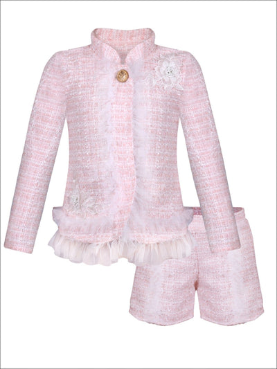 Girls Preppy Flower Trim Ruffled Jacket & Shorts Set - Pink / 2T/3T - Girls Spring Dressy Set