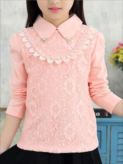 Girls Preppy Long Puff Sleeve Flat Collar Lace Top - Pink / 3T - Girls Fall Top