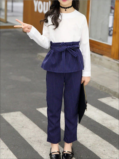 Girls Preppy Long Sleeve Skirted Blouse With Belt & Pinstripe Trousers - Girls Fall Casual Set