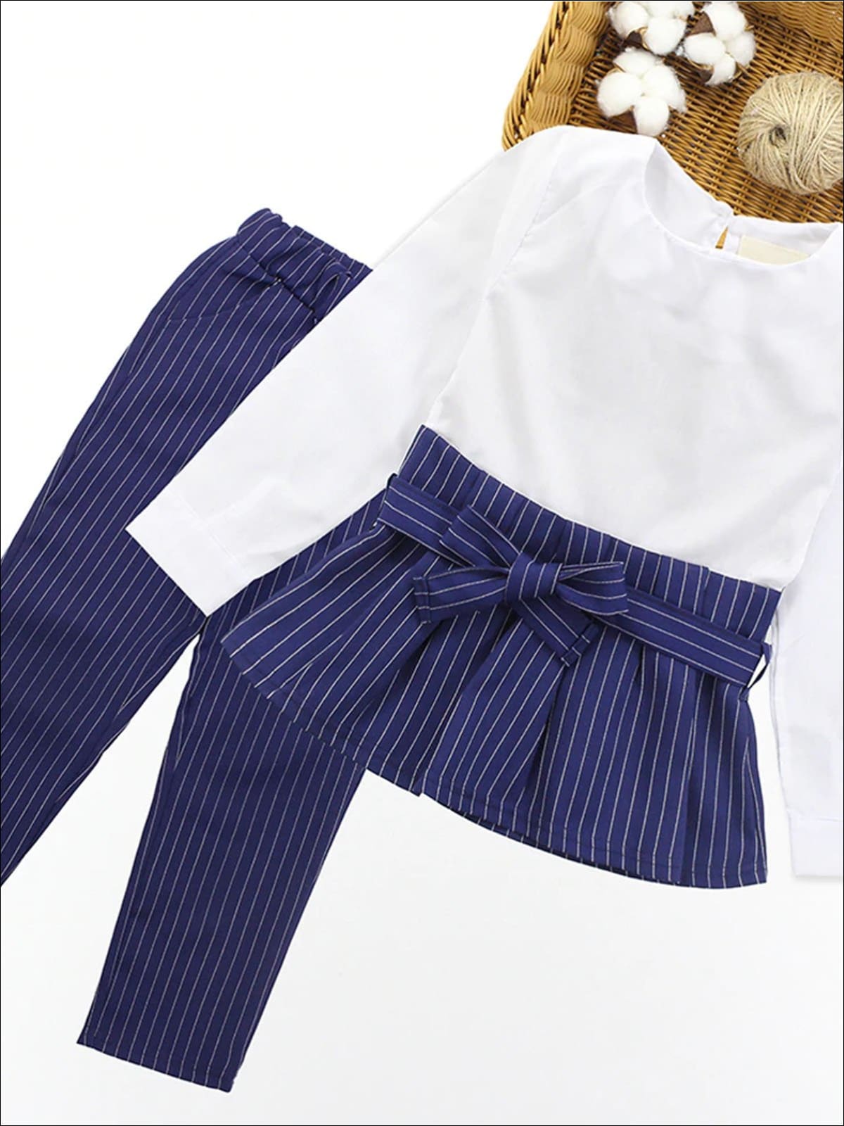 Girls Preppy Long Sleeve Skirted Blouse With Belt Andamp; Pinstripe ...
