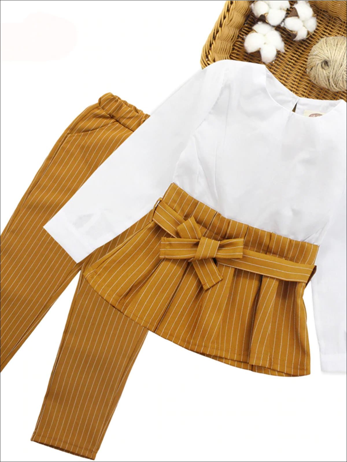 Girls Preppy Long Sleeve Skirted Blouse With Belt & Pinstripe Trousers - Brown / 3T - Girls Fall Casual Set