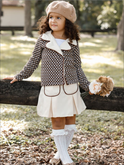 Girls Preppy Mocha & Beige Polka Dot Tweed Collared Blazer & Matching Pleated Pocket Skirt Set - Girls Fall Dressy Set