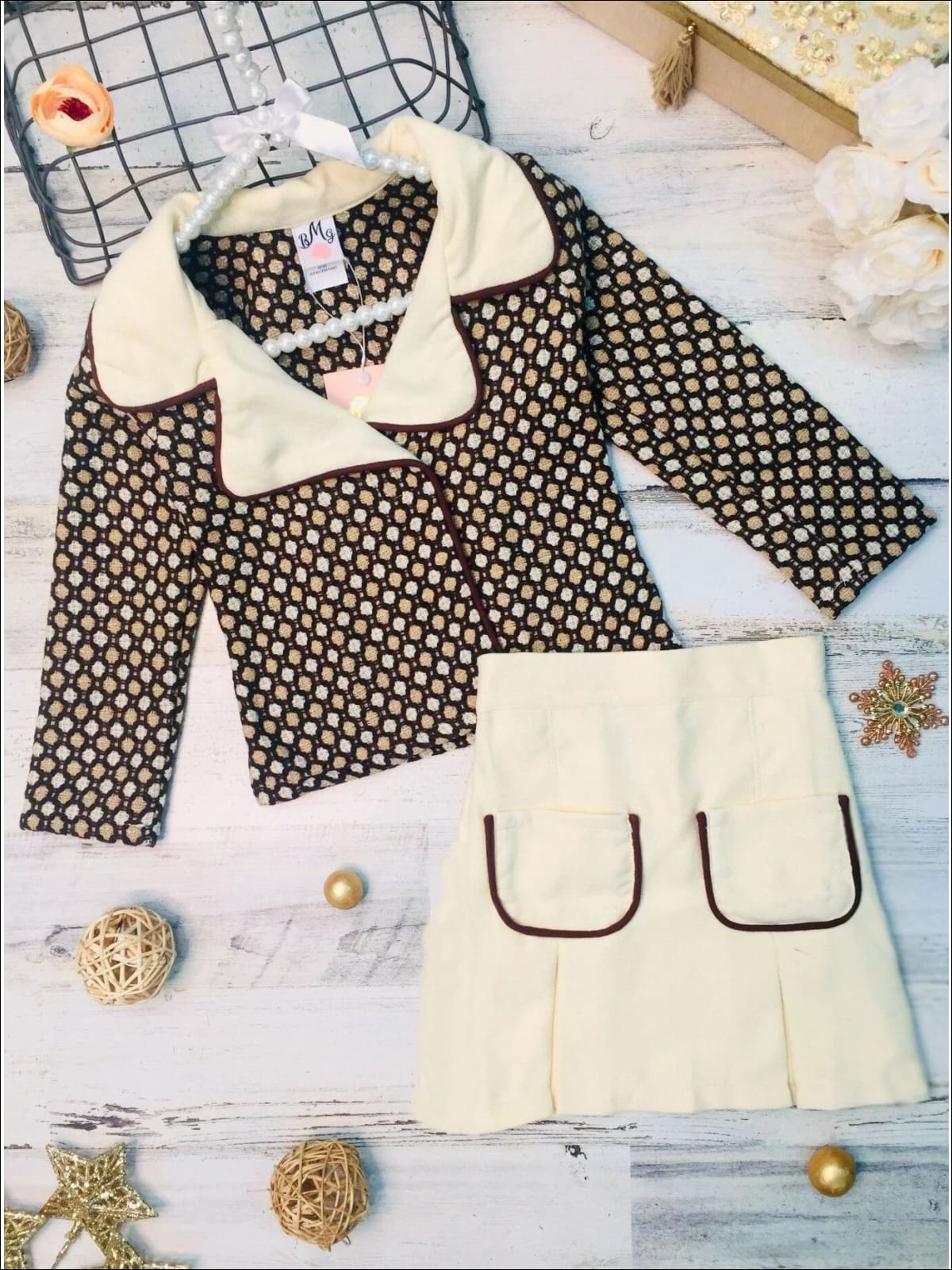 Girls Preppy Mocha & Beige Polka Dot Tweed Collared Blazer & Matching Pleated Pocket Skirt Set - Mocha & Beige / 2T/3T - Girls Fall Dressy