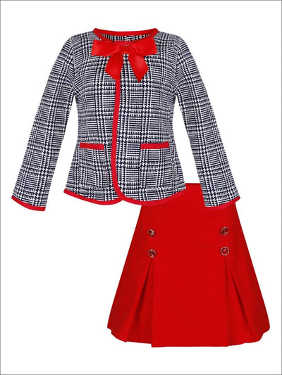 Girls Preppy Navy & Creme Tweed Red Bow Pocket Jacket & Red Pleated Skirt Set - Girls Fall Dressy Set