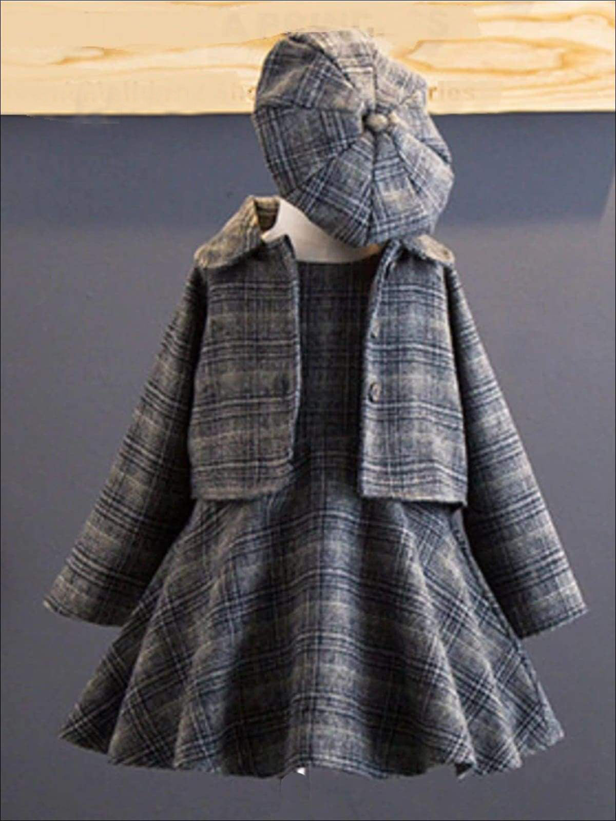 Toddlers Plaid A-Line Dress, Blazer & Beret Set - Back To School - Mia Belle Girls