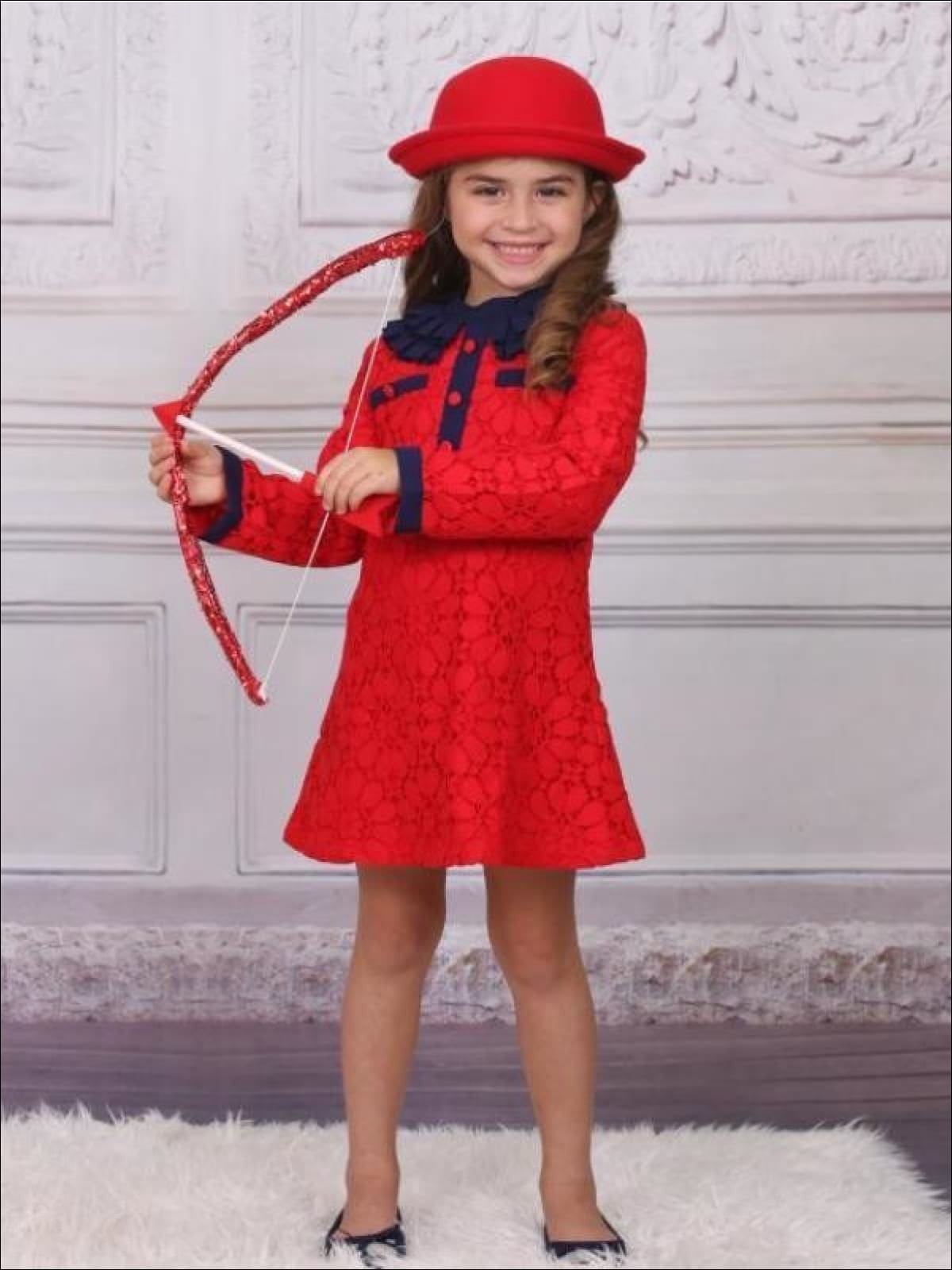 Girls Preppy Red & Navy Lace Ruffled Collar A-Line Dress - Girls Fall Dressy Dress