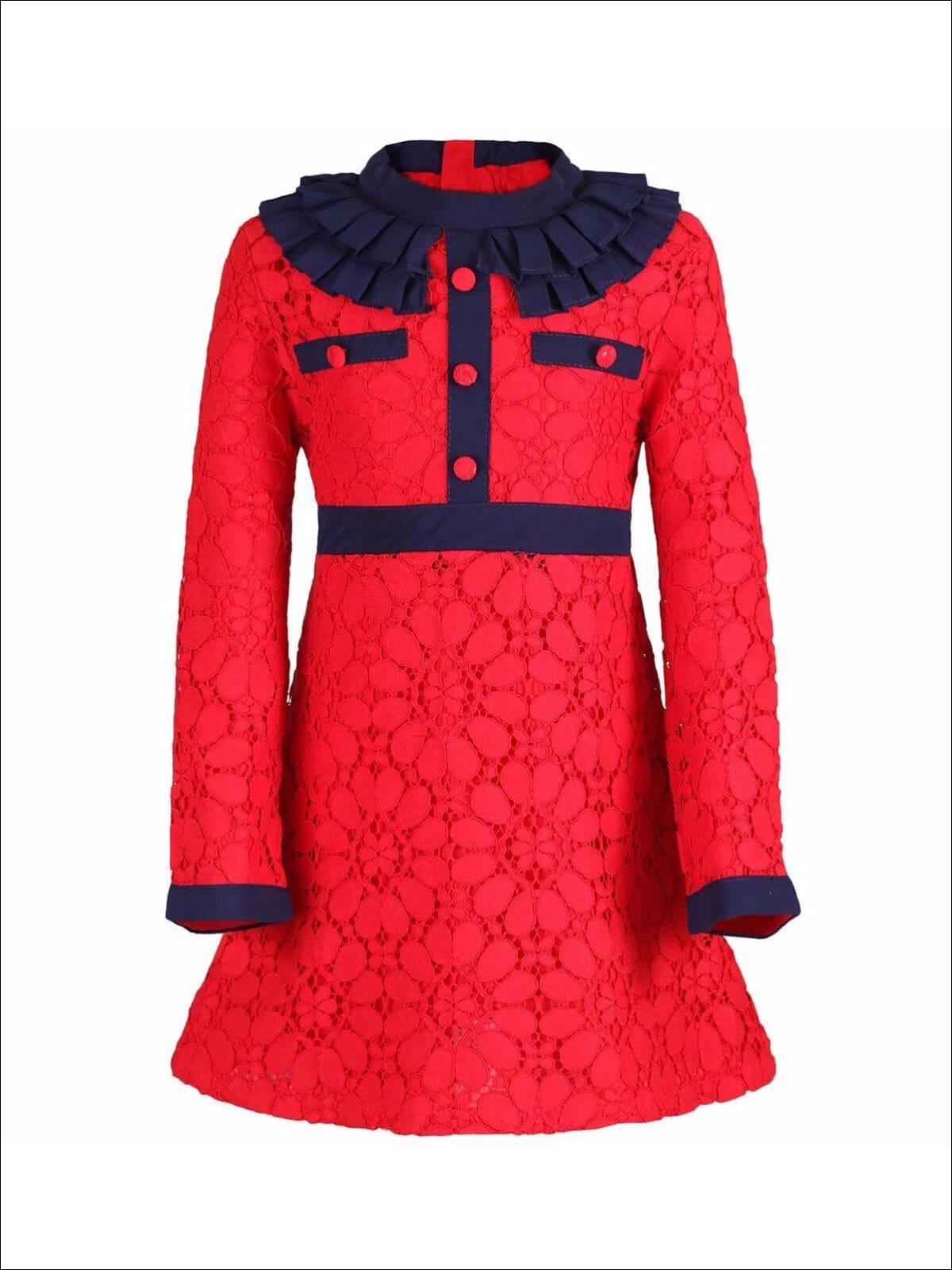 Girls Preppy Red & Navy Lace Ruffled Collar A-Line Dress - Red/Navy / 2T - Girls Fall Dressy Dress