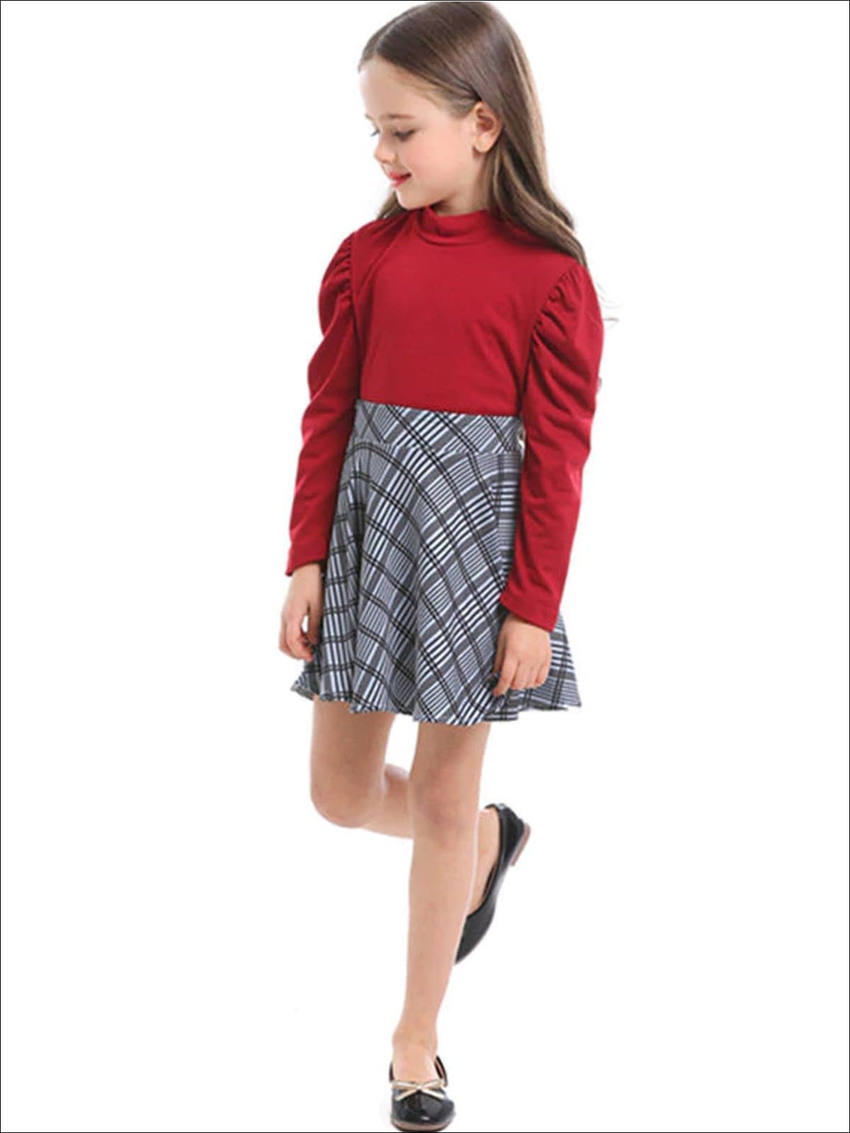 Girls Preppy Red Puff Sleeve Mock Neck Top & Grey Plaid Skirt Set - Girls Fall Dressy Set