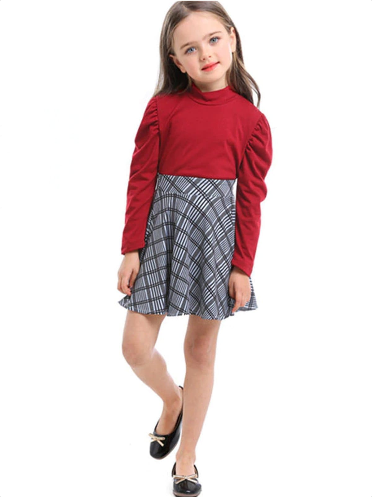 Girls Preppy Red Puff Sleeve Mock Neck Top & Grey Plaid Skirt Set - Red & Grey / 3T - Girls Fall Dressy Set