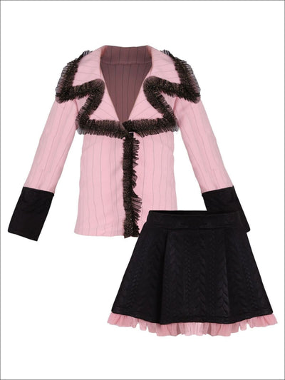 Girls Preppy Ruffled Cuffed Blazer & Matching Ruffled Skirt Set - Pink / 2T/3T - Girls Fall Dressy Set