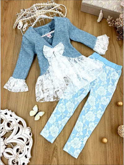 Girls Preppy Tweed Ruffled Lace Front Tie Jacket & Lace Leggings Set - Blue / 2T/3T - Girls Spring Dressy Set