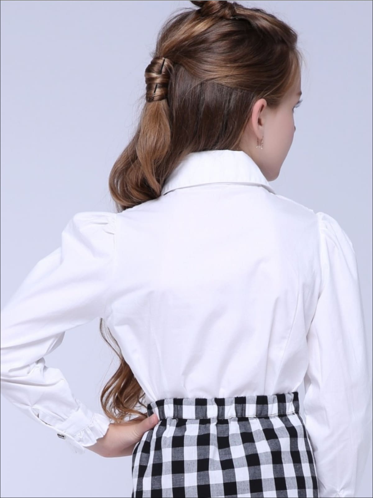 Girls Preppy V-Shape Ruffle Trim Bow Collar Long Sleeve Blouse - Girls Fall Casual Tops