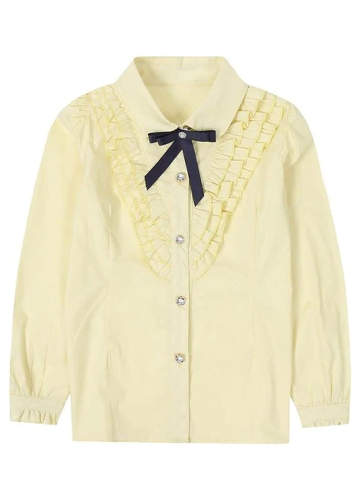 Girls Preppy V-Shape Ruffle Trim Bow Collar Long Sleeve Blouse - Yellow / 3T - Girls Fall Casual Tops