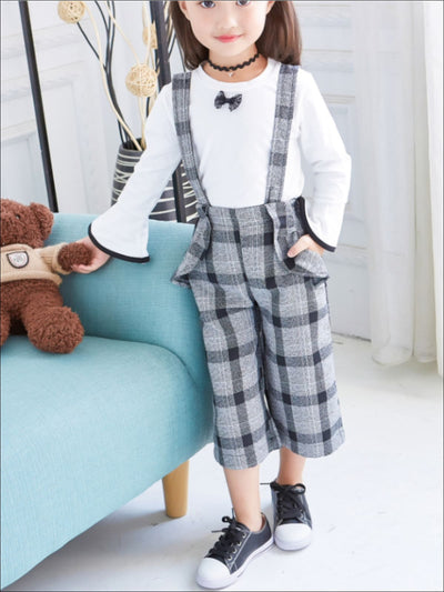 Girls Preppy White Bell Sleeve Blouse & Plaid Culotte Pants Set - Girls Fall Casual Set