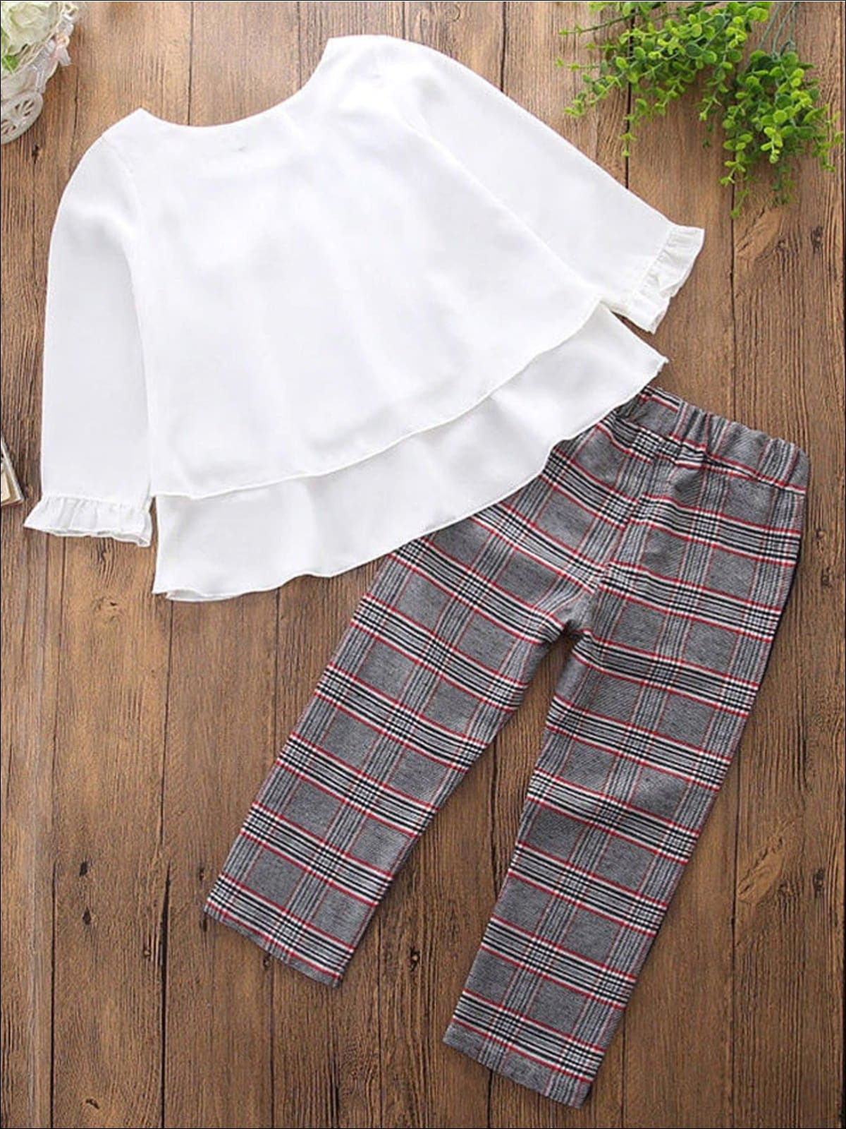 Girls Preppy White Long Sleeve Layered Ruffle Blouse With Ribbon & Plaid Trousers Set - Girls Fall Casual Set