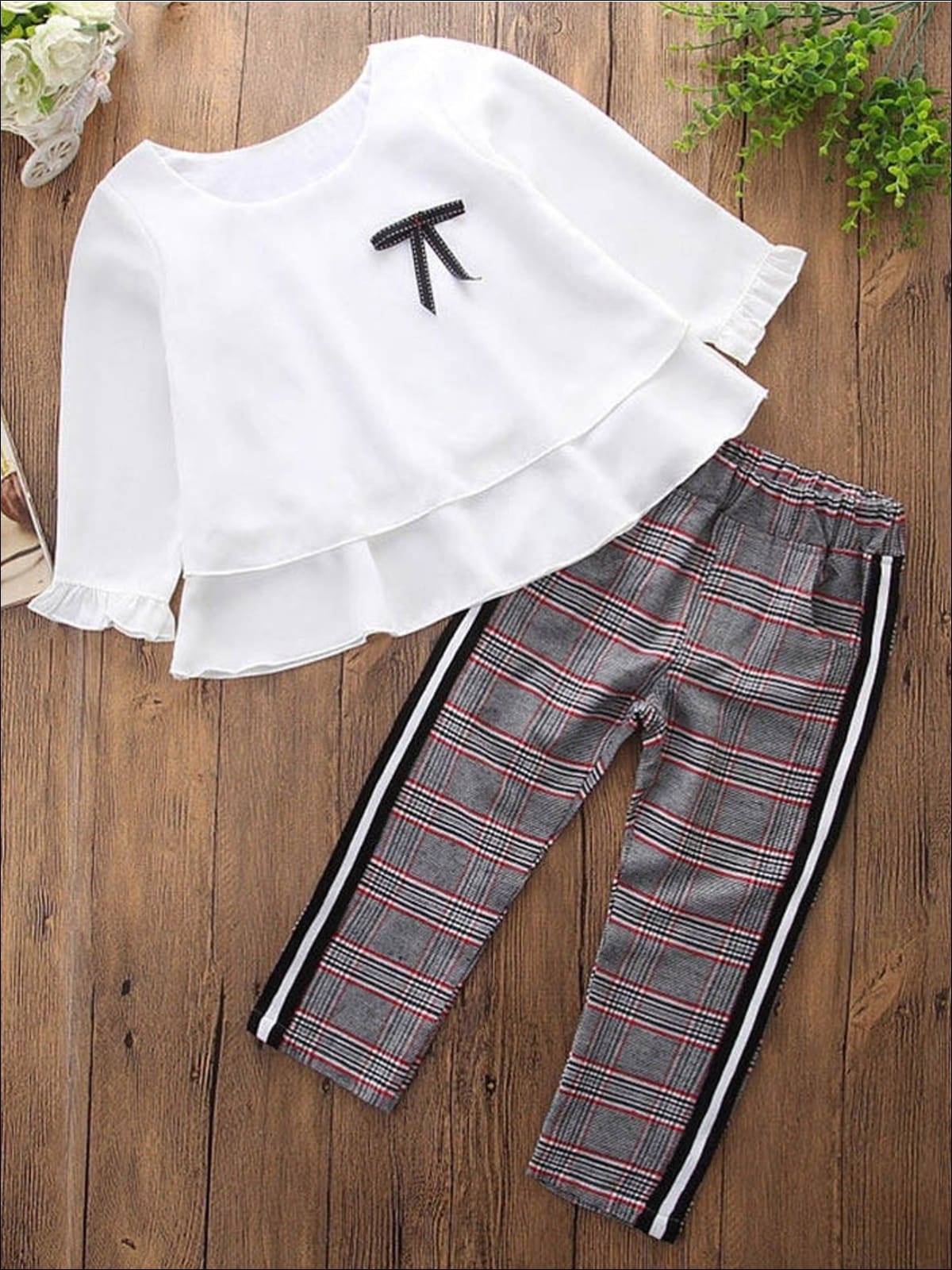 Girls Preppy White Long Sleeve Layered Ruffle Blouse With Ribbon & Plaid Trousers Set - White / 2T - Girls Fall Casual Set