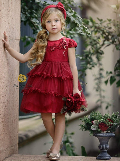 Girls Winter Formal Dresses | Princess Cap Sleeve Floral Holiday Dress
