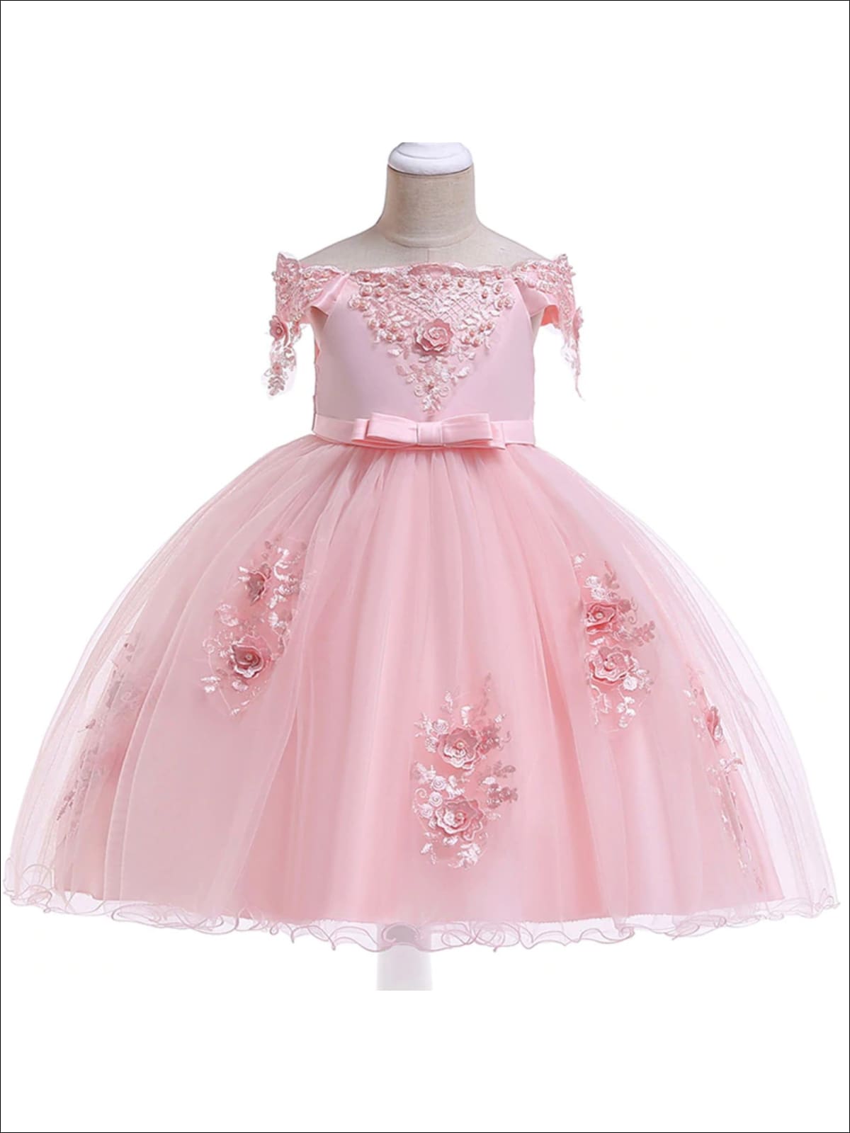 Girls Formal Dresses | Pink Floral Embellished Tulle Princess Dress