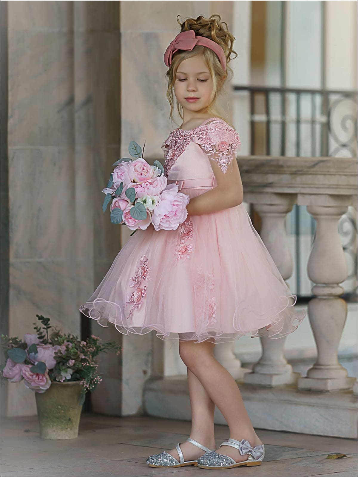 Girls Formal Dresses | Pink Floral Embellished Tulle Princess Dress ...