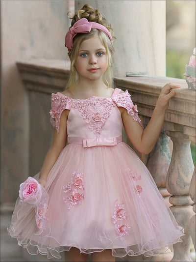 Girls Formal Dresses | Pink Floral Embellished Tulle Princess Dress