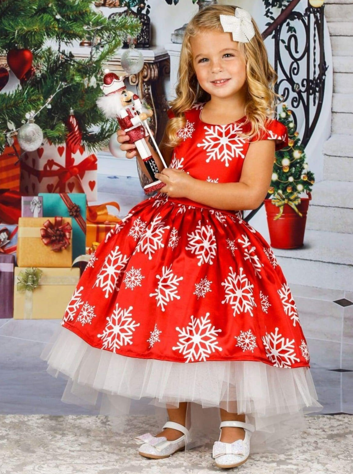 Girls Printed Cap Sleeve Hi-Lo Tulle Holiday Dress - Red / 2T/3T - Girls Fall Dressy Dress