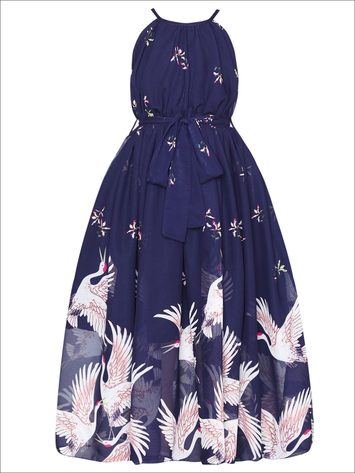 Girls Printed Halter Neck Maxi Dress With Sash - Girls Spring Dressy Dress