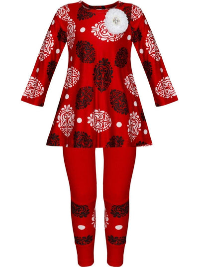 Girls Printed Long Sleeve Back Lace Insert Tunic & Matching Patch Leggings - Red / 2T/3T - Girls Fall Casual Set