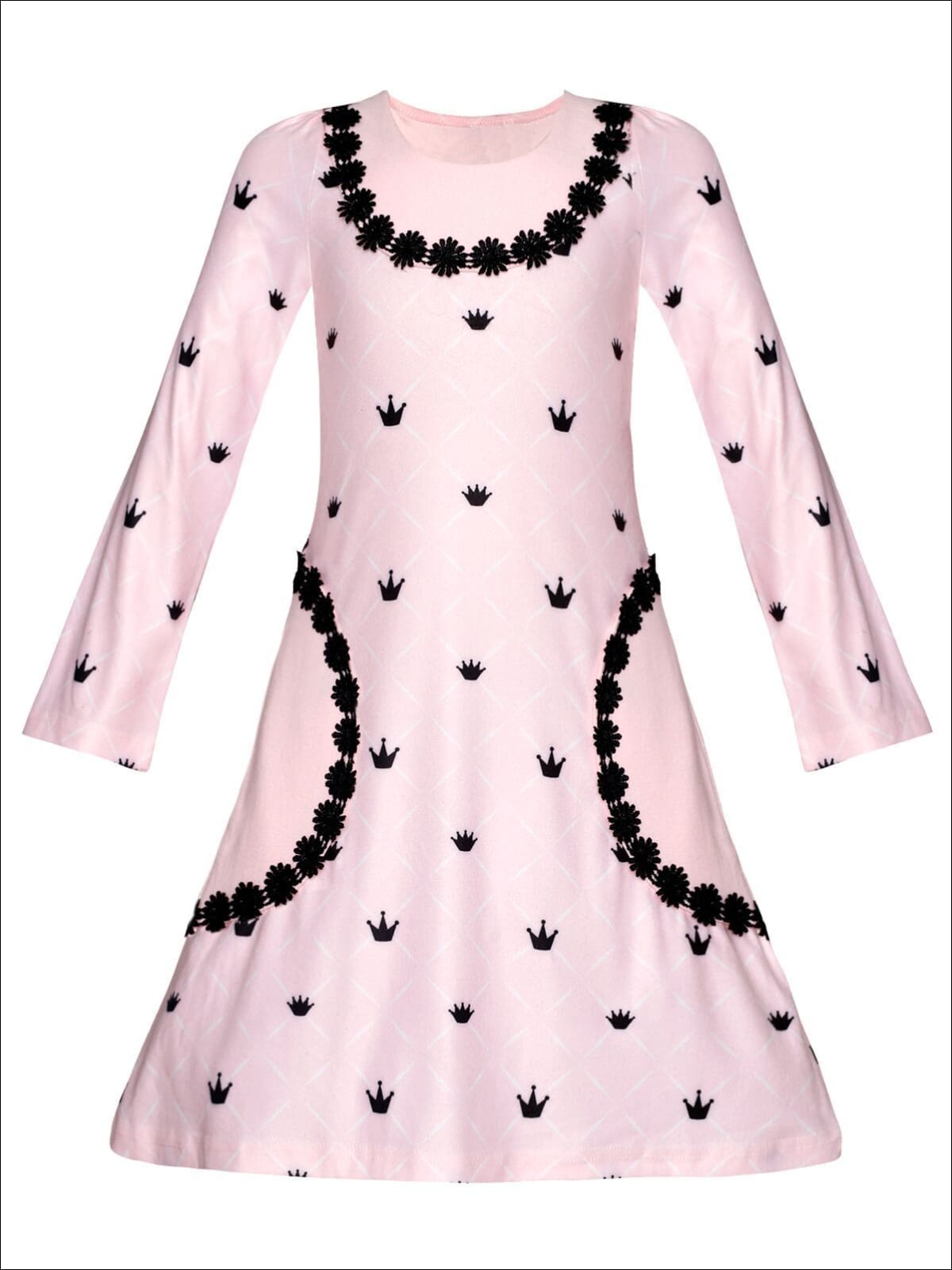 Girls Printed Long Sleeve Crochet Trim Pocket Dress - Pink / 2T/3T - Girls Fall Casual Dress