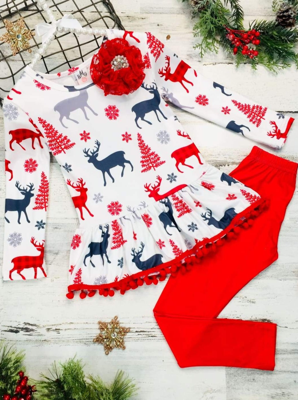 Girls Printed Long Sleeve Ruffled Pom Pom Hem Tunic & Red Leggings Set - Red / 2T/3T - Girls Christmas Set