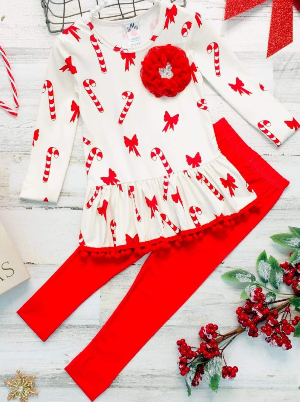 Girls Printed Long Sleeve Ruffled Pom Pom Hem Tunic & Red Leggings Set - Creme / 2T/3T - Girls Christmas Set