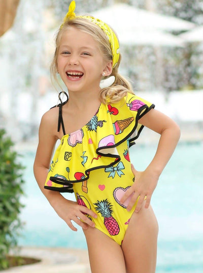 Kids Swimsuits | Girls Fruit Print Ruffle Bib One Piece Swimsuit