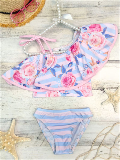 Girls Printed One Shoulder Ruffle Top & High Waist Bottom Two Piece Swimsuit - Girls Two Piece Swimsuit