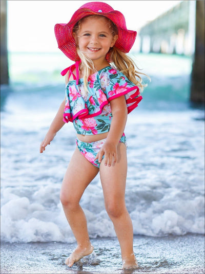 Girls Printed One Shoulder Ruffle Top & High Waist Bottom Two Piece Swimsuit - Girls Two Piece Swimsuit