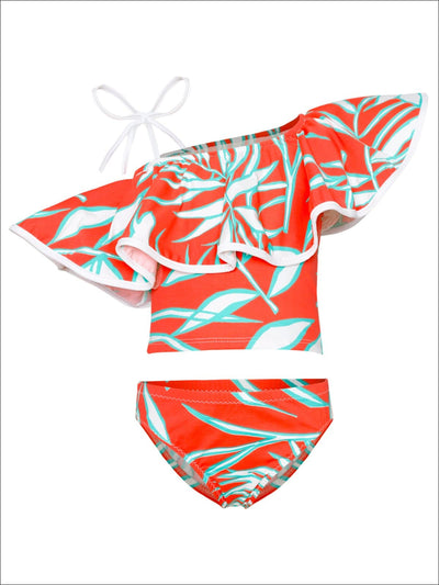 Girls Printed One Shoulder Ruffle Top & High Waist Bottom Two Piece Swimsuit - Orange / 2T/3T - Girls Two Piece Swimsuit