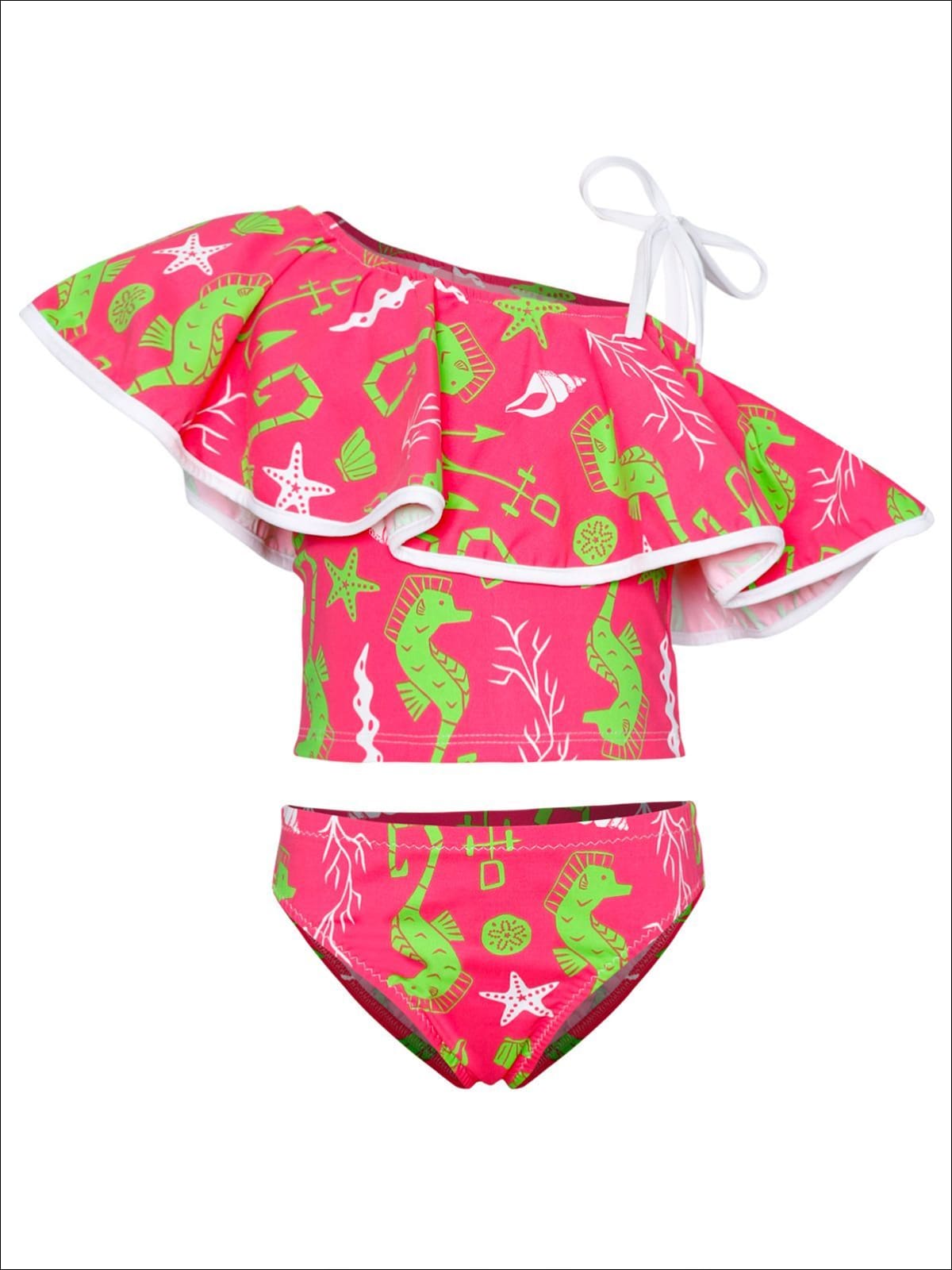Girls Printed One Shoulder Ruffle Top & High Waist Bottom Two Piece Swimsuit - Pink / 2T/3T - Girls Two Piece Swimsuit