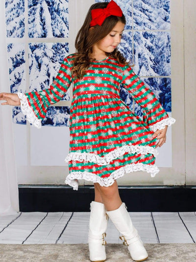 Girls Printed Ruffled Long Sleeve 2-Tiered Crochet Dress - Girls Christmas Dress