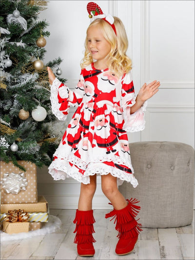 Girls Printed Ruffled Long Sleeve 2-Tiered Crochet Dress - Girls Christmas Dress